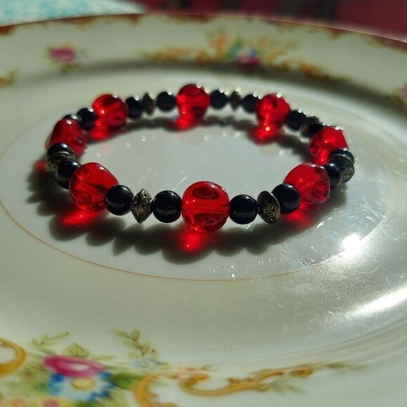 Handmade Red, Black, Silver Bracelet - Picture 2 of 12